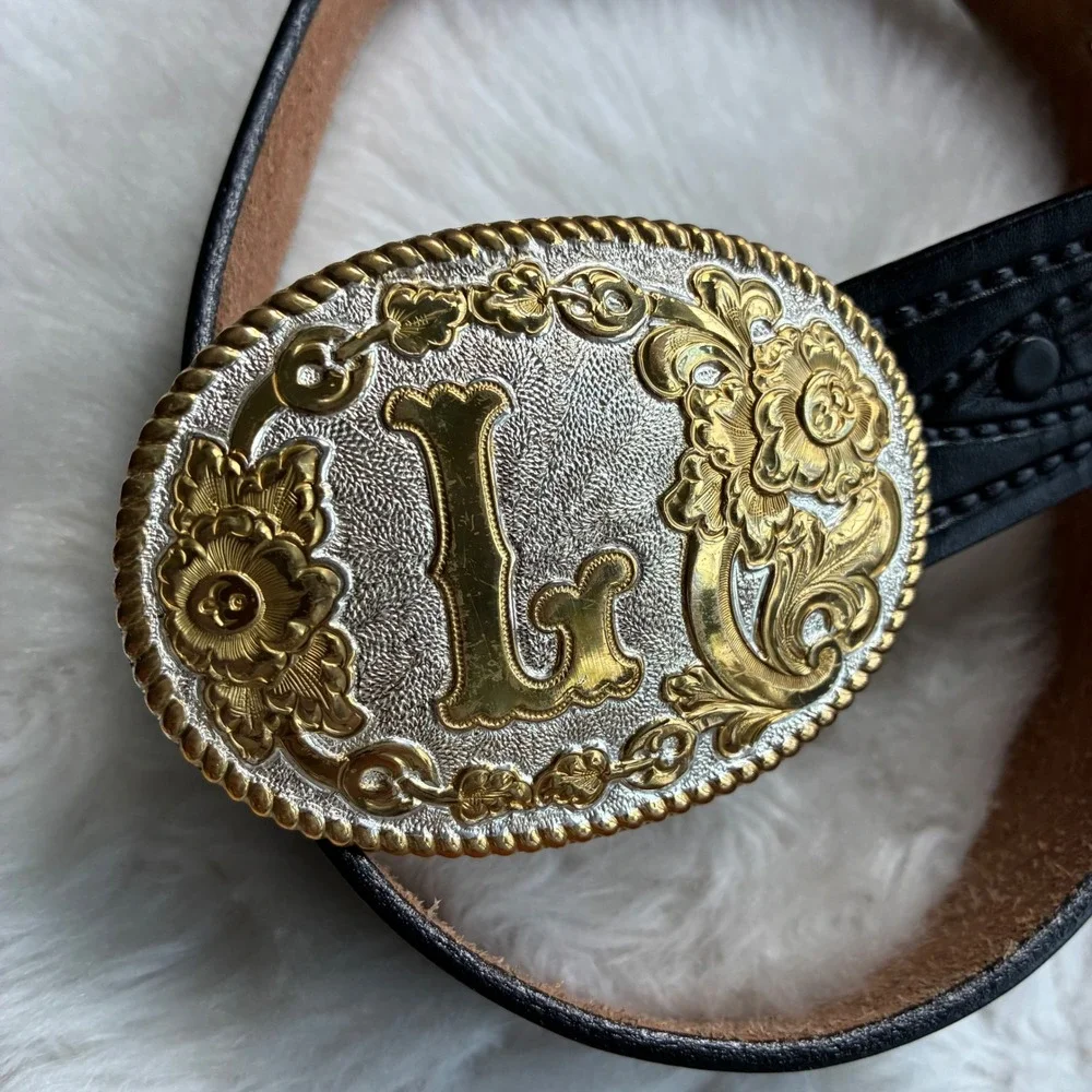 Vintage Crumrine Silver Plate Belt Size 30 Black Leather Western Floral Buckle L